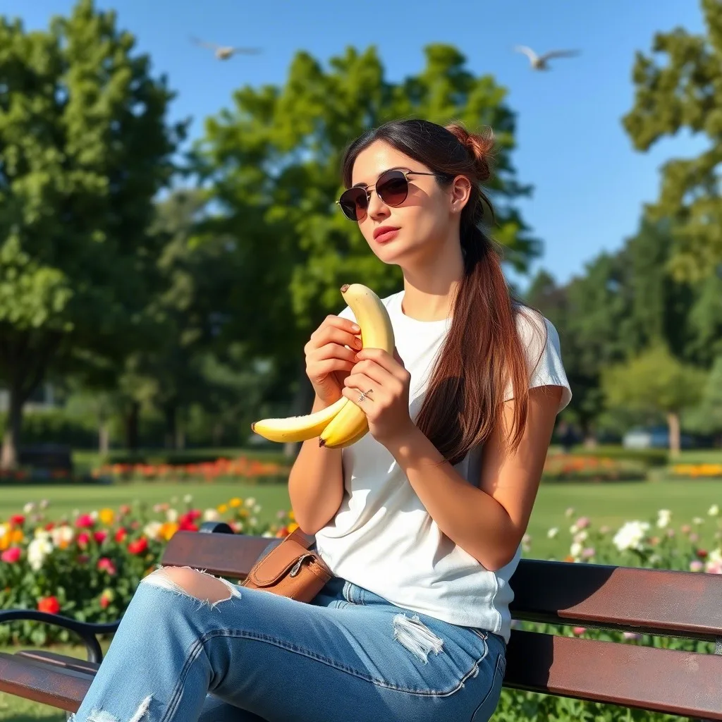 Une femme avec des lunettes de soleil mange une banane assise sur un banc. Elle est dans un arc, il fait beau, elle est vêtue d'un tee-shirt blanc et d'un jean déchiré au genou